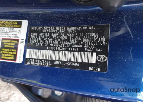 2008 Toyota Camry Hybrid z USA, uszkodzony, nr VIN 4T1BB46K38U044464